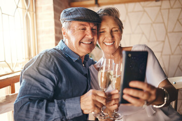 Senior couple taking selfie with phone, champagne and love for marriage anniversary, celebration or birthday at house. Happy, married and smile man and woman post on social media with alcohol in home
