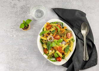 Pasta or noodle salad from wheat and lentils fusilli. Lunch or dinner meals are full of...