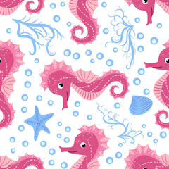 Nahtloses Muster von Seepferdchen und Seesternen. Sommerhintergrund des Meereslebens. Nettes Meeresleben. Design für Stoff und Dekor