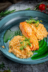 Grilled salmon and salmon steak with rice and sauce