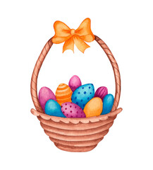 Watercolor easter basket with eggs and a yellow decorative bow. Hand drawn illustration isolated on a white background.