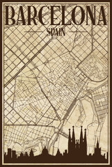 Brown vintage hand-drawn printout streets network map of the downtown BARCELONA, SPAIN with brown city skyline and lettering