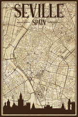 Brown vintage hand-drawn printout streets network map of the downtown SEVILLE, SPAIN with brown city skyline and lettering