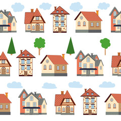 Seamless pattern of different colorful houses.