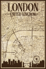 Brown vintage hand-drawn printout streets network map of the downtown LONDON, UNITED KINGDOM with brown city skyline and lettering