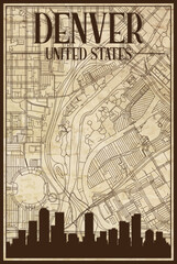 Brown vintage hand-drawn printout streets network map of the downtown DENVER, UNITED STATES OF AMERICA with brown city skyline and lettering