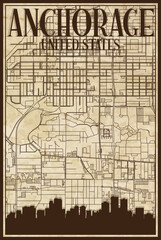Brown vintage hand-drawn printout streets network map of the downtown ANCHORAGE, UNITED STATES OF AMERICA with brown city skyline and lettering