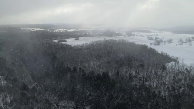 Pan of snowy morning in rural community