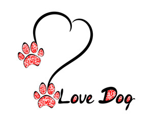 Silhouette of a heart with the inscription Love dog and paws. With red glitter. Isolated on white background.