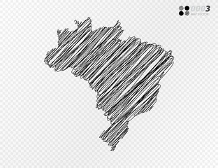Vector black silhouette chaotic hand drawn scribble sketch  of Brazil map on transparent background.