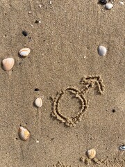 In the sand on the beach is carved the sign for male