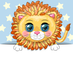 Greeting card cute cartoon animal holding a poster with place for text