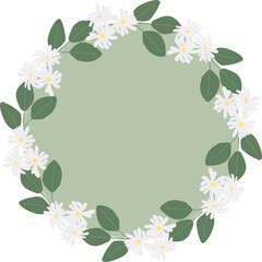 Fototapeta premium white camellia flower on green circle background wreath frame flat style