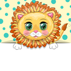 Greeting card cute cartoon animal holding a poster with place for text