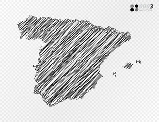 Vector black silhouette chaotic hand drawn scribble sketch  of Spain map on transparent background.