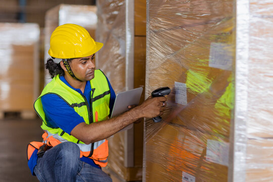 Cargo Inventory Indian Worker Male Working Bar Code Scan Check Products Goods Shipping