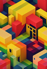 seamless pattern, 3d rendering, isometric cubes, city, village, rainbow
