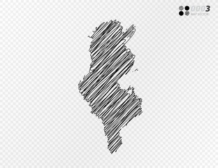 Vector black silhouette chaotic hand drawn scribble sketch  of Tunisia map on transparent background.