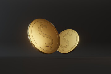 Golden money coins floating on black background. Illustration of the business and financial concept of earning investment, savings and cash