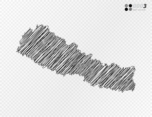 Vector black silhouette chaotic hand drawn scribble sketch  of Nepal map on transparent background.