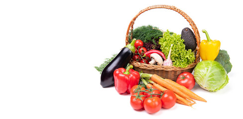 variety of fresh and ripe vegetables isolated on white backdrop with copy space