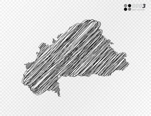 Vector black silhouette chaotic hand drawn scribble sketch  of Burkina Faso map on transparent background.
