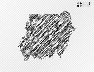 Vector black silhouette chaotic hand drawn scribble sketch  of Sudan map on transparent background.