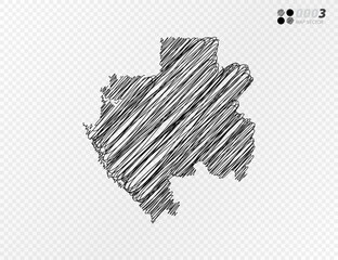 Vector black silhouette chaotic hand drawn scribble sketch  of Gabon map on transparent background.