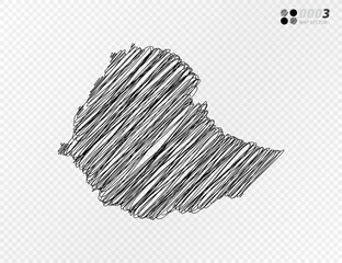 Vector black silhouette chaotic hand drawn scribble sketch  of Ethiopia map on transparent background.