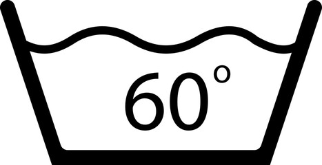 Water temperature 60. Laundry icons. Garment care instructions on labels, machine wash or hand wash signs. 