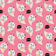 Cute little ghost seamless pattern. Halloween illustration. Pink colors, childish print party decoration. Decor textile, wrapping paper, wallpaper design. Vector background