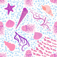Seamless pattern with detailed transparent jellyfish. Childish seamless pattern with cute hand drawn fishes and jellyfishes in doodle style. Trendy nursery background