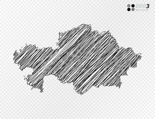 Vector black silhouette chaotic hand drawn scribble sketch  of Kazakhstan map on transparent background.