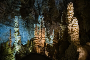 Fairy views from The Frasassi Caves (Italian: Grotte di Frasassi) - the most famous show caves in Italy. The karst cave system is located in the municipality of Genga, Ancona, Marche, Italy.