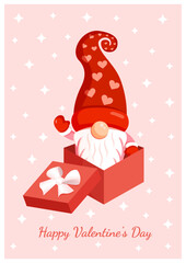 Illustration of a romantic gnome in a gift box for banner, postcard, textiles, decor. Scandinavian nordic gnome, cute elf for valentine's day.
