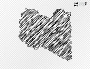 Vector black silhouette chaotic hand drawn scribble sketch  of Libya map on transparent background. - obrazy, fototapety, plakaty