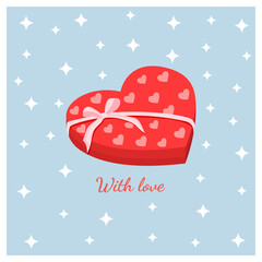 Red box in the shape of a heart with a pink bow for sweets. Vector illustration of gift wrapping for postcards, textiles, decor, poster, banner. Greeting card for Valentine's Day and other holidays.