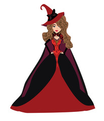 Beautiful sexy witch in a red dress and an elegant hat - illustration isolated from background