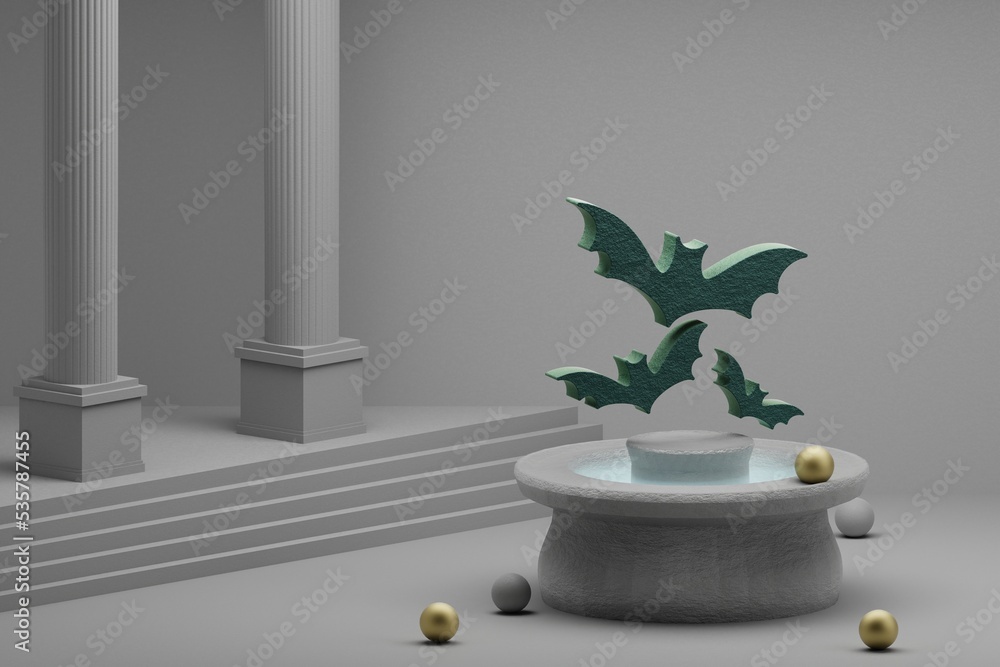 Poster beautiful abstract illustrations green halloween bats symbol icon on a fountain and column backgroun