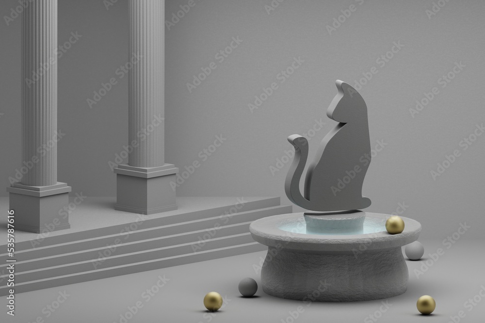 Poster beautiful abstract illustrations grey halloween cat symbol icon on a fountain and column background.