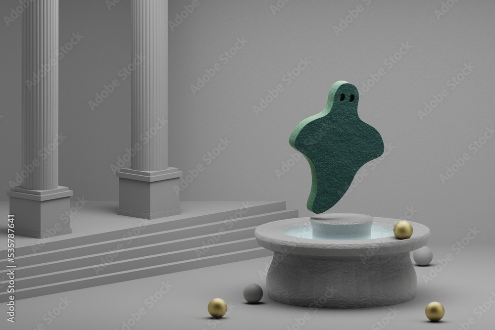 Poster beautiful abstract illustrations green ghost symbol icon on a fountain and column background. 3d ren