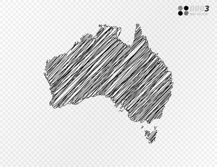 Vector black silhouette chaotic hand drawn scribble sketch  of Australia map on transparent background.