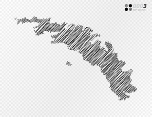 Vector black silhouette chaotic hand drawn scribble sketch  of South Georgia map on transparent background.