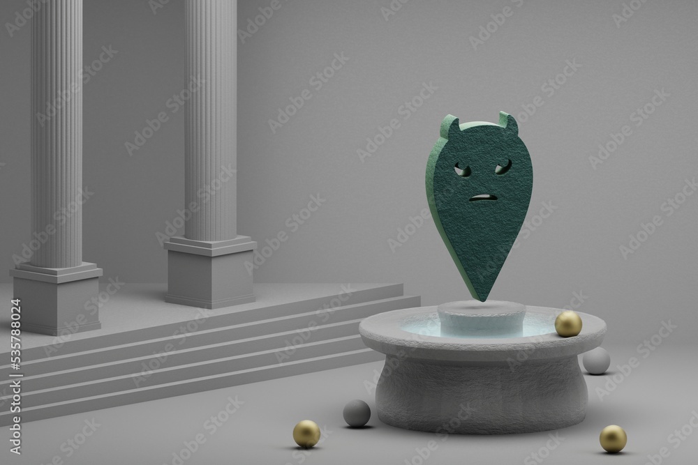 Poster Beautiful abstract illustrations Green devil symbol icon on a fountain and column background. 3d rendering illustration.Halloween day.
