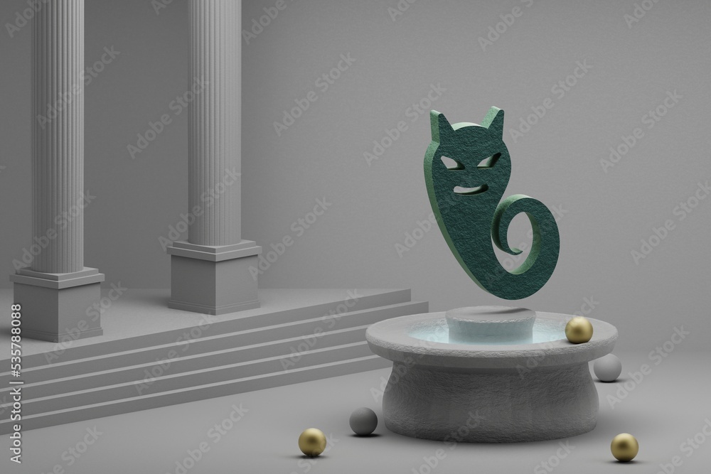 Aufkleber beautiful abstract illustrations green devil symbol icon on a fountain and column background. 3d ren