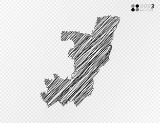 Vector black silhouette chaotic hand drawn scribble sketch  of Congo map on transparent background.