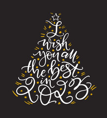 I wish you all the best in 2023 phrase by hand. Funny new year greeting card design. Vector hand lettering in chrismas tree shape.