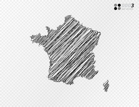 Vector black silhouette chaotic hand drawn scribble sketch  of France map on transparent background.
