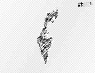 Obraz premium Vector black silhouette chaotic hand drawn scribble sketch of Israel map on transparent background.