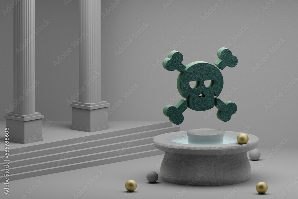 Poster Beautiful abstract illustrations Green Halloween skulls symbol icon on a fountain and column background. 3d rendering illustration.Halloween day.